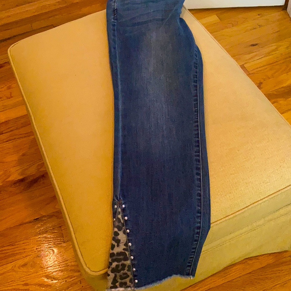 NWT INC Jeans with leopard insert on pants and silver studs